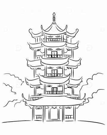 中国湖北武汉地标建筑黄鹤楼建筑线稿图