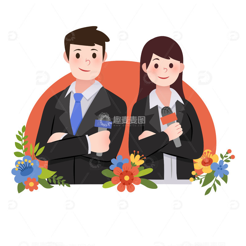 源文件下载【趣麦麦图】扁平风男女记者主持人新闻媒体