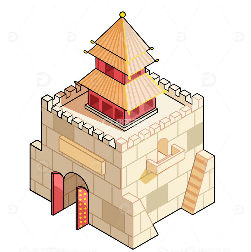 源文件下载【趣麦麦图】2.5d古建筑城楼免扣元素