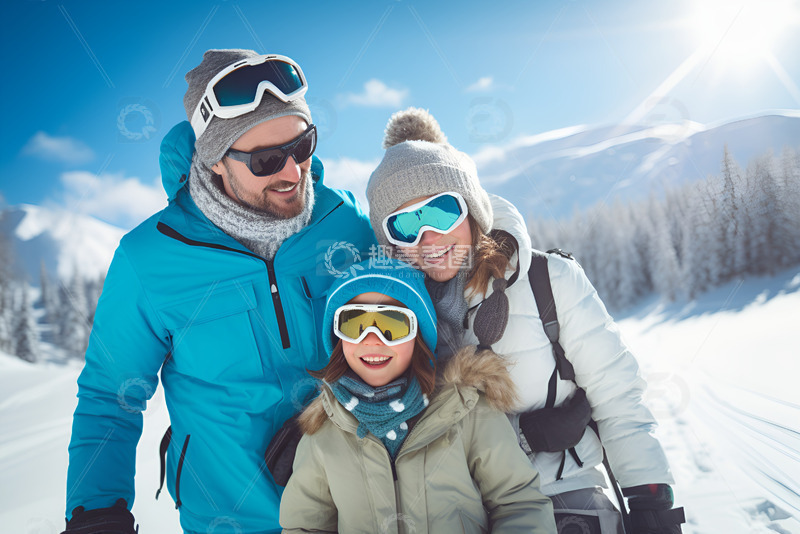 高清大图下载【趣麦麦图】冬季雪地里滑雪的一家三口