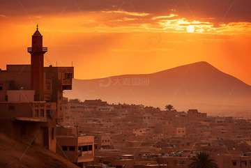 日落黄昏后的乡村小镇