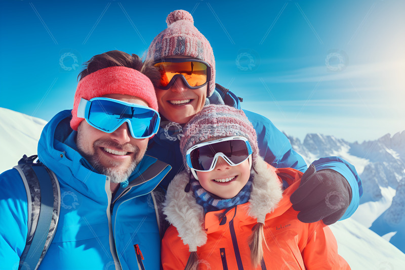 冬季滑雪的一家三口