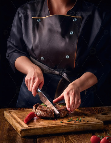 专业厨师的牛排切割艺术