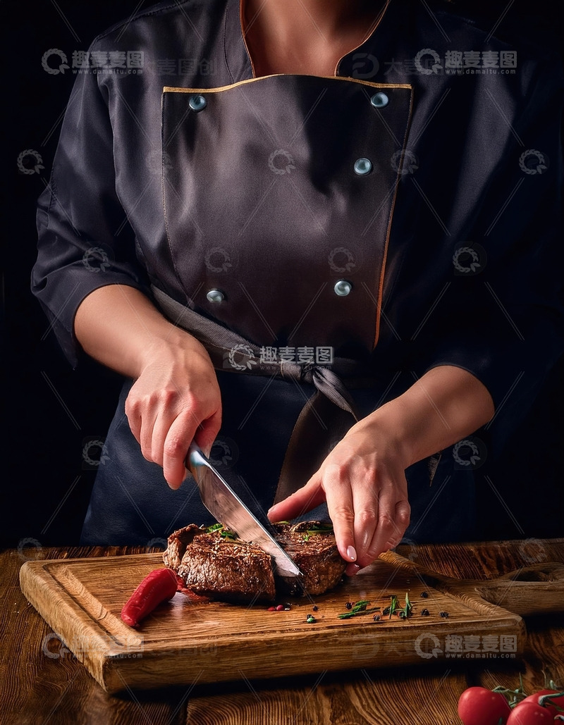 高清大图下载【趣麦麦图】专业厨师的牛排切割艺术
