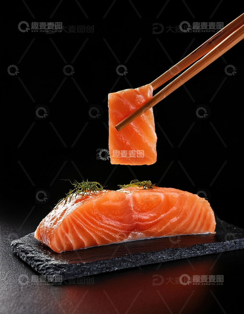 高清大图下载【趣麦麦图】被筷子夹起的三文鱼肉
