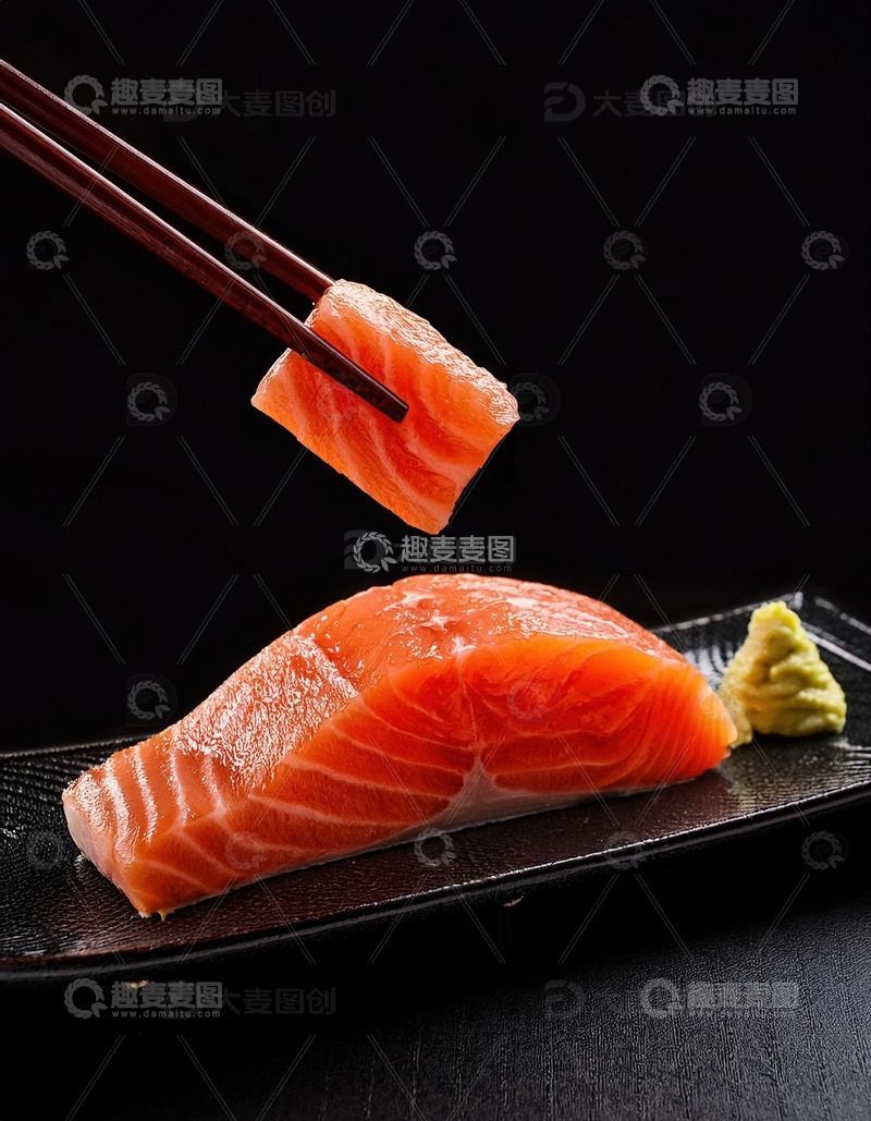 高清大图下载【趣麦麦图】被筷子夹起的三文鱼肉2