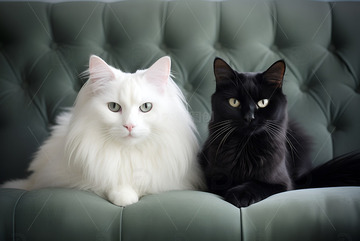 坐在沙发上的黑猫和白猫