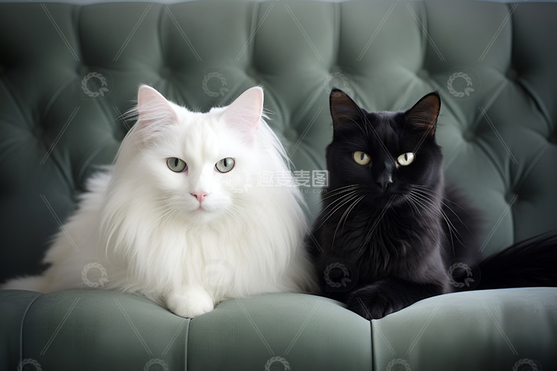 高清大图下载【趣麦麦图】坐在沙发上的黑猫和白猫