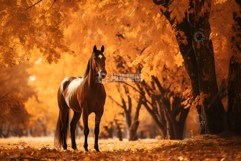 高清大图下载【趣麦麦图】秋季树林里的骏马