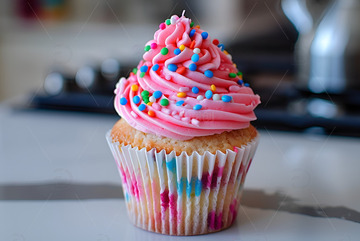 桌面上的一个纸杯蛋糕