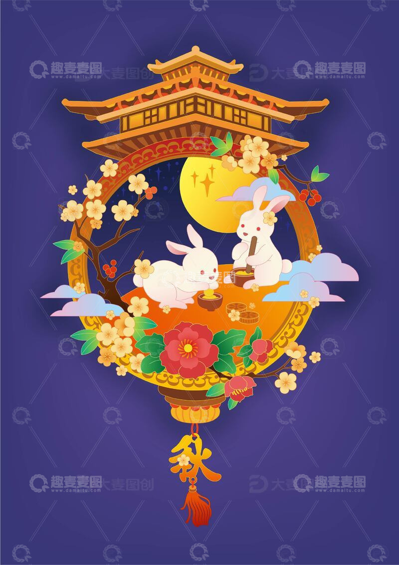 源文件下载【趣麦麦图】中秋节兔子和月亮灯笼中国风矢量插画