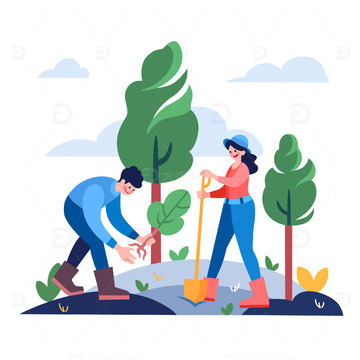 扁平风植树节种树的环保年轻男女矢量插画