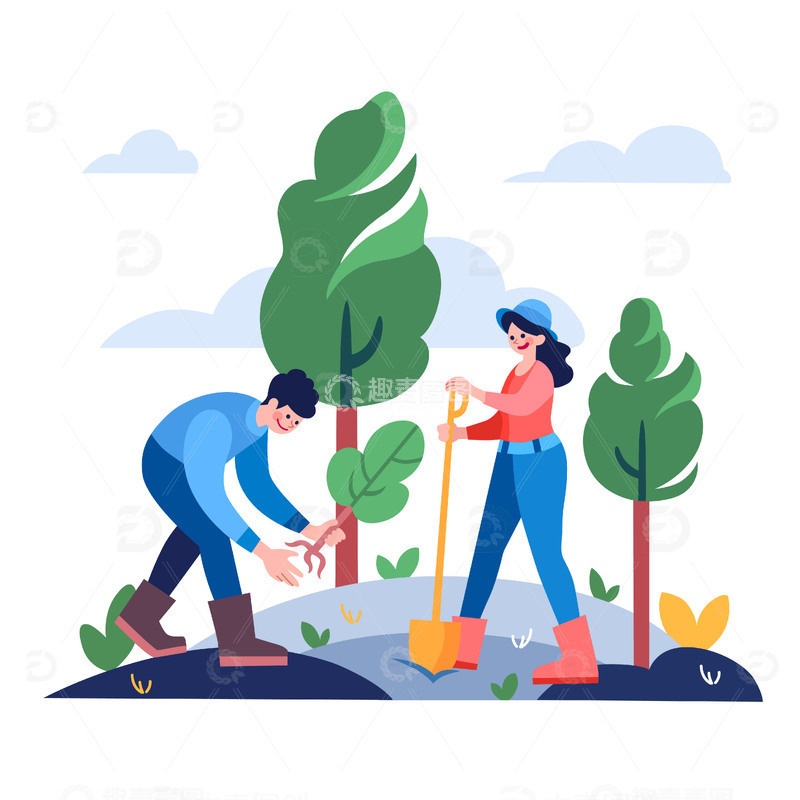 扁平风植树节种树的环保年轻男女矢量插画