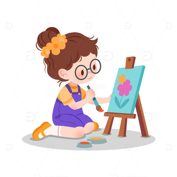 扁平风画画的涂鸦女孩绘画美术人物矢量插画