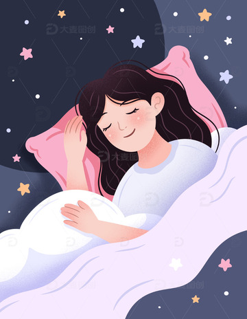 扁平风夜晚安静休息睡觉做梦的女孩