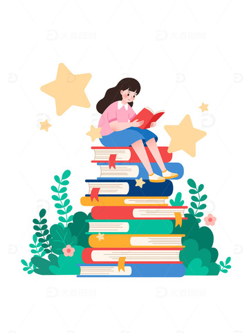 扁平风坐在书堆上看书阅读学习的女孩矢量插画
