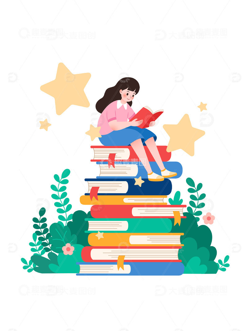 扁平风坐在书堆上看书阅读学习的女孩矢量插画