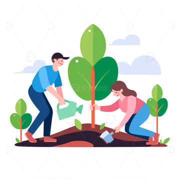 扁平风植树节栽种树木的环保年轻男女矢量插画