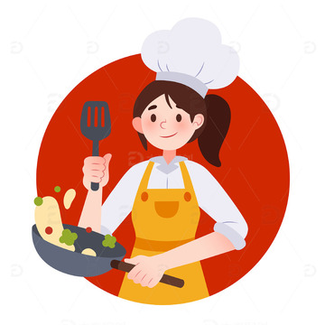 扁平风做饭炒菜的厨师女性人物矢量插画
