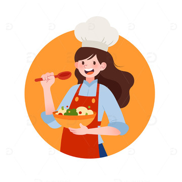 扁平风做饭炒菜的厨师女性人物矢量插画1
