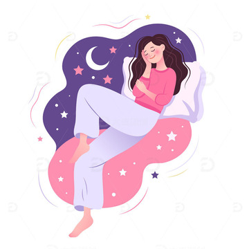 扁平风夜晚休息舒缓放松的睡觉做梦女孩矢量插画
