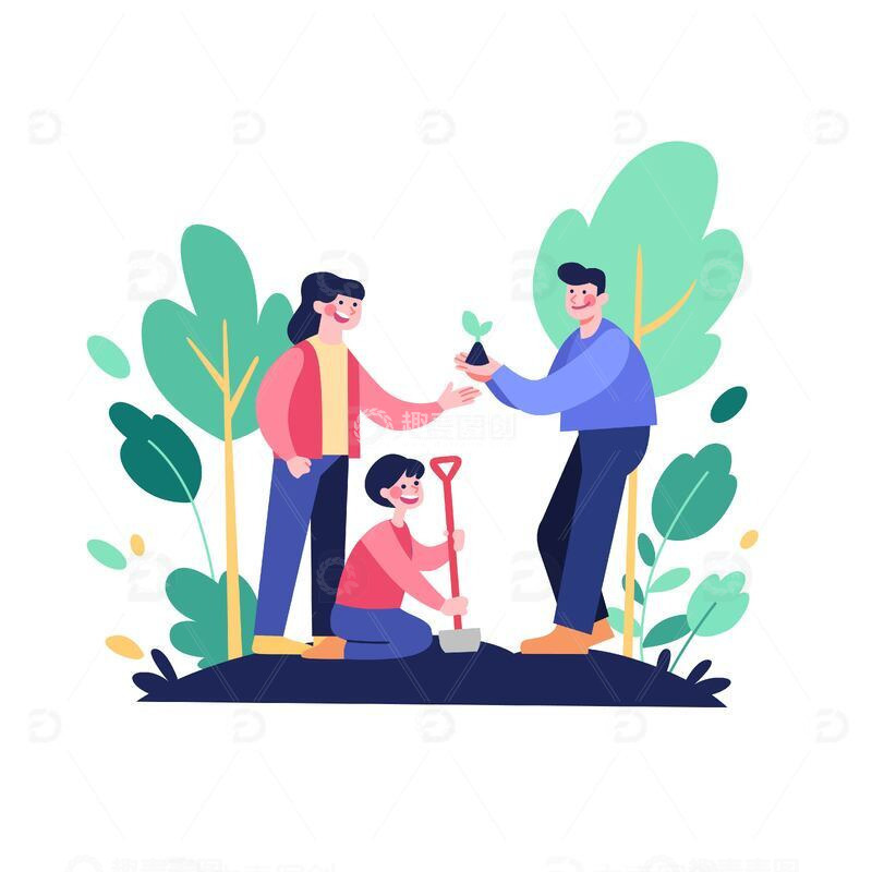 扁平风植树节种树的一家三口亲子家庭矢量插画