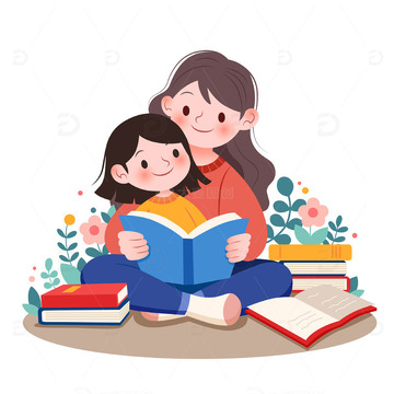 扁平风孩子和妈妈一起看书亲子阅读人物矢量插画