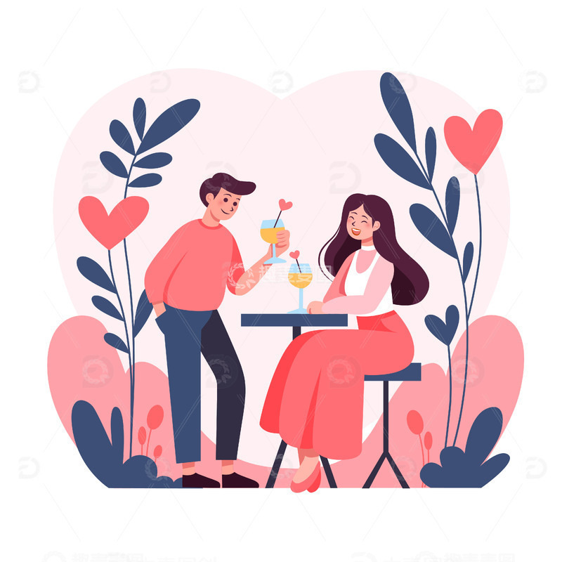 源文件下载【趣麦麦图】扁平风 约会中的热恋情侣相亲男女人物矢量插画