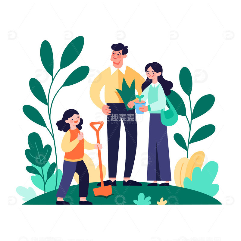 扁平风植树节种树全家一家三口亲子活动矢量插画
