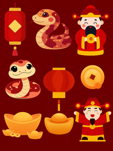 创意中国风节日喜庆蛇年新年财神爷装饰元素