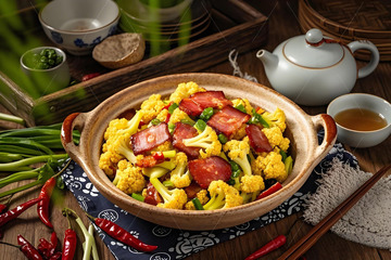 美食摄影菜花炒腊肉