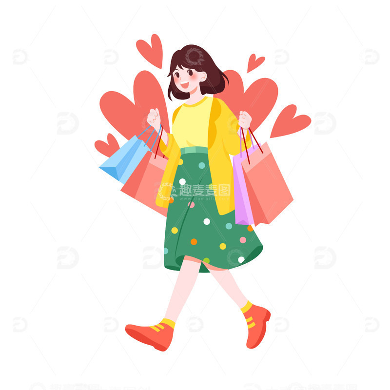 源文件下载【趣麦麦图】扁平风开心逛街购物消费女性矢量插画