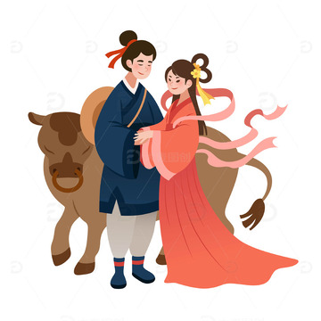 扁平风七夕节牛郎和织女浪漫人物矢量插画1
