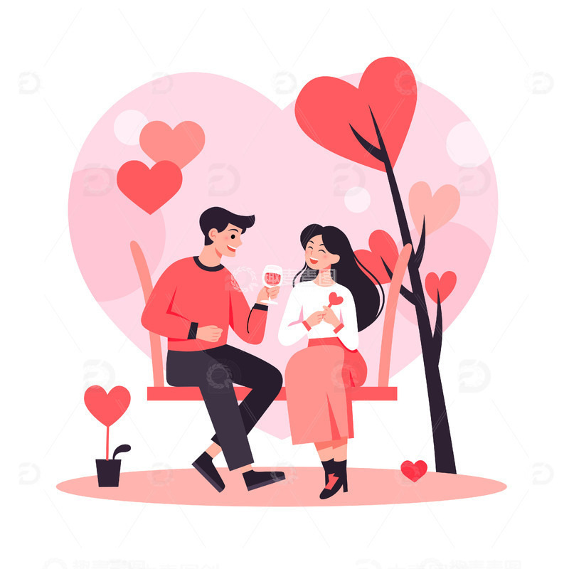 源文件下载【趣麦麦图】-扁平风正在约会的热恋男女情侣人物矢量插画1