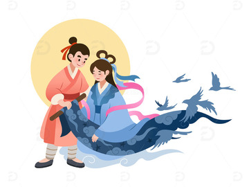 扁平风七夕节牛郎和织女浪漫人物矢量插画
