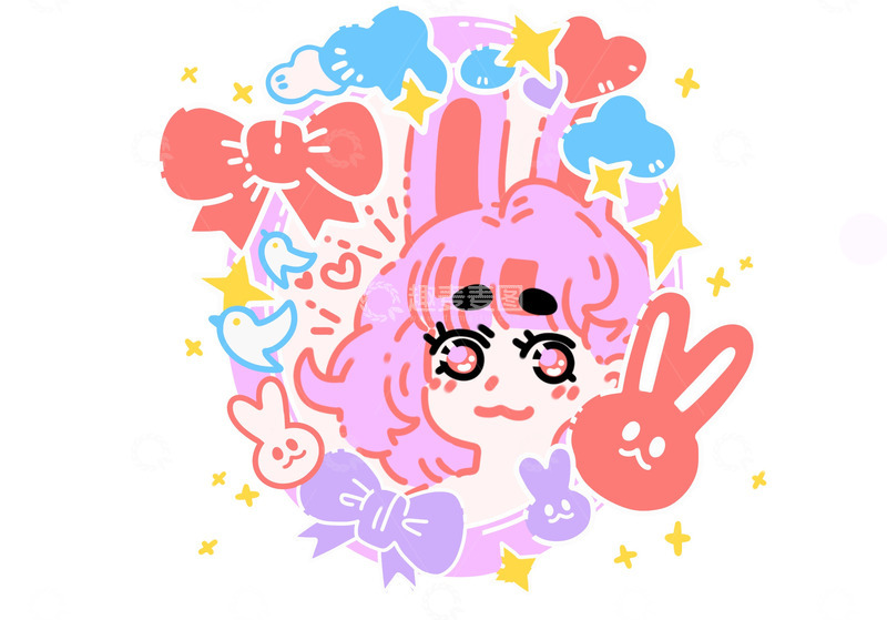 可爱女孩兔子元素涂鸦插画免扣元素