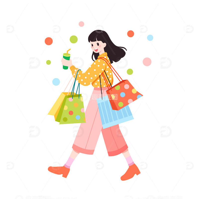 源文件下载【趣麦麦图】扁平风开心在商场购物女性单人矢量插画