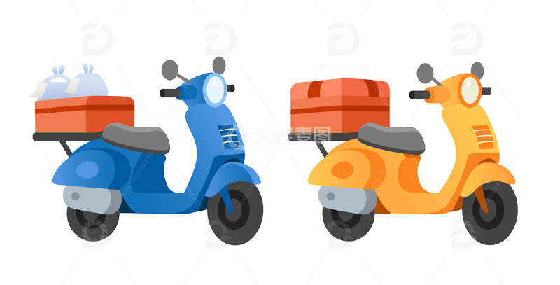 源文件下载【趣麦麦图】扁平风送餐车摩托车外卖车矢量插画