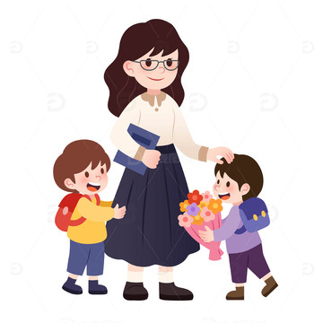 扁平风教师节学生送老师鲜花礼物人物矢量插画1