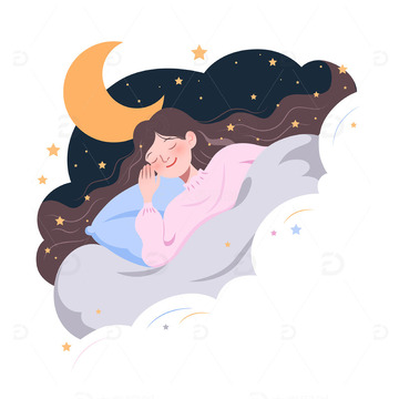 扁平风夜晚休息进入梦乡的做梦长发女孩人物矢量插画