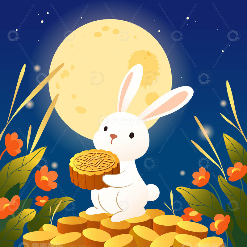 源文件下载【趣麦麦图】中秋节兔子抱着月饼月亮和月兔矢量插画