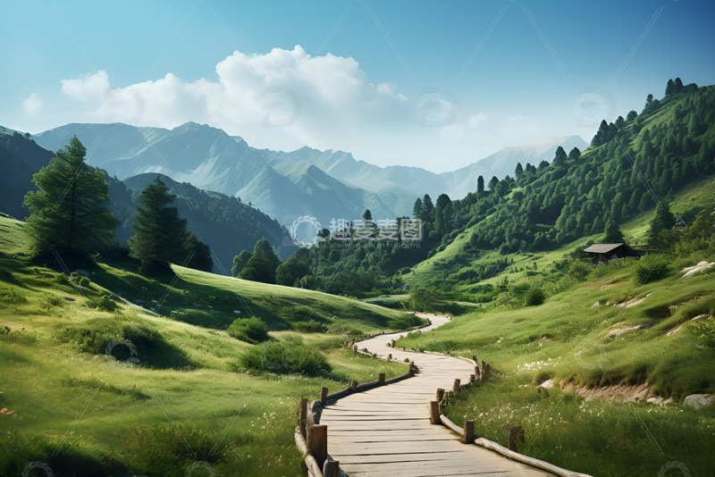 高清大图下载【趣麦麦图】-山林中的木头栈道