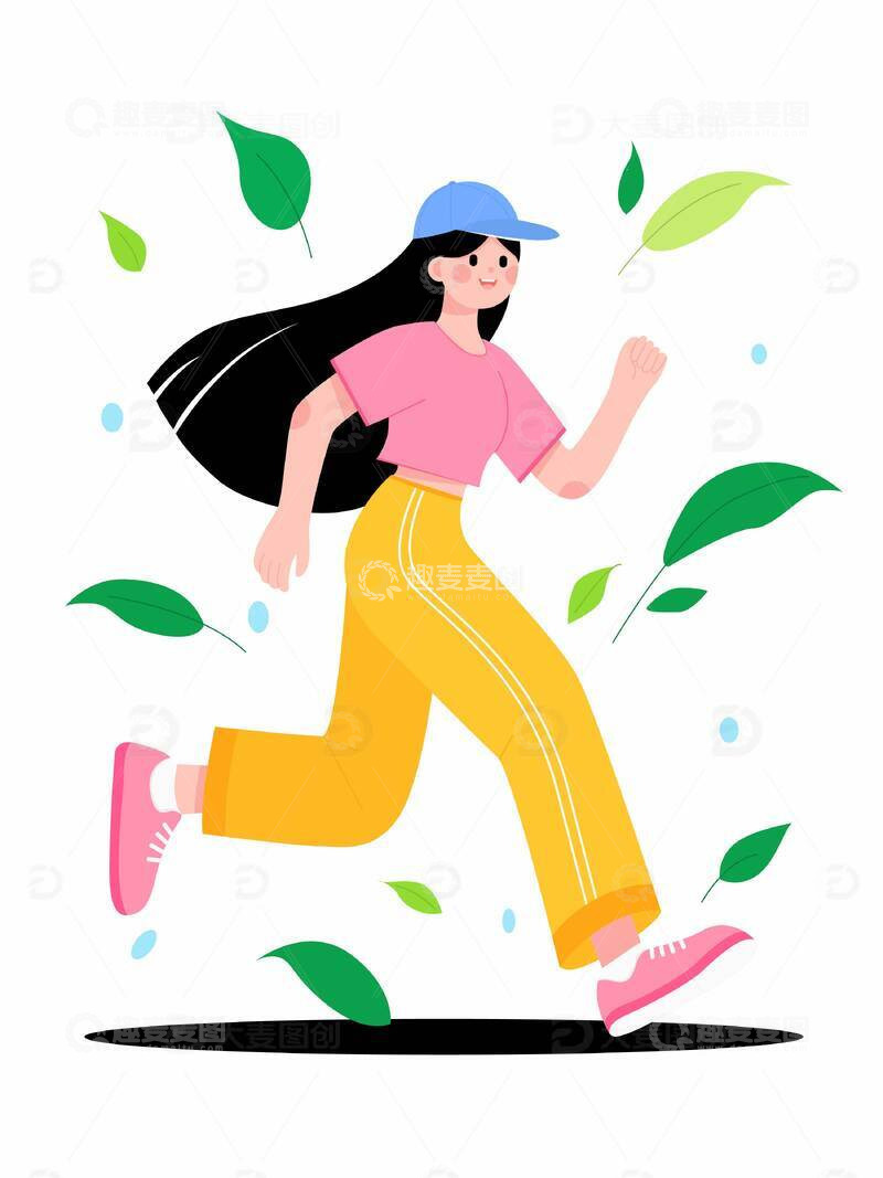 卡通女孩跑步素材运动矢量扁平风插画