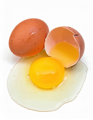 新鲜破裂的鸡蛋：蛋黄与蛋清的展示