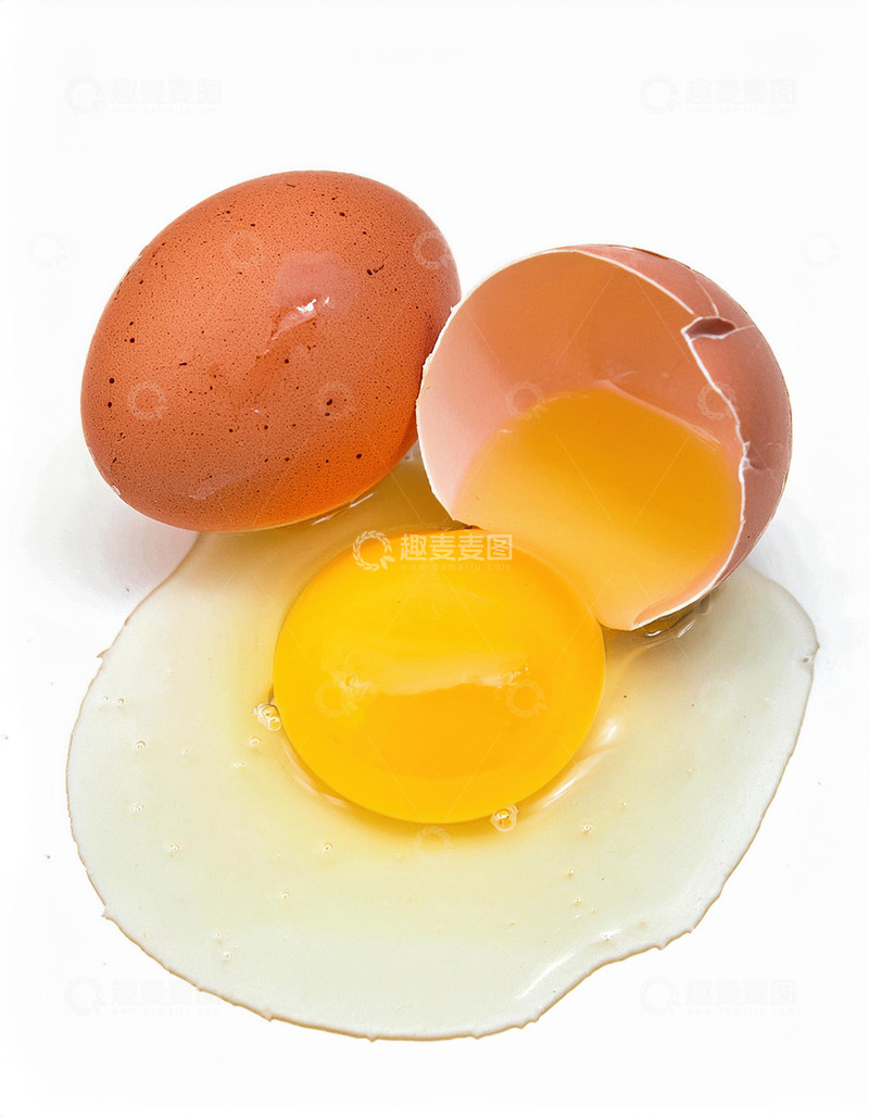高清大图下载【趣麦麦图】新鲜破裂的鸡蛋：蛋黄与蛋清的展示