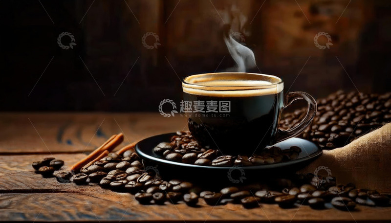 高清大图下载【趣麦麦图】咖啡时光：复古木桌上的香浓咖啡2