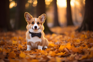 坐在枫树林中的小柯基