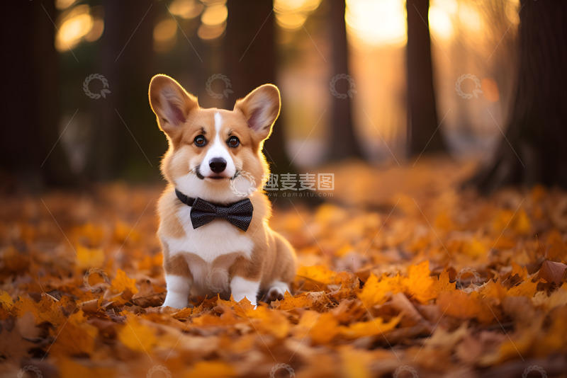 高清大图下载【趣麦麦图】坐在枫树林中的小柯基