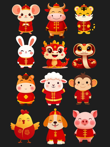 创意卡通扁平风十二生肖形象IP免抠素材