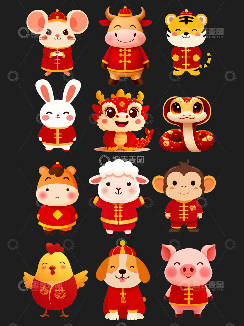 创意卡通扁平风十二生肖形象IP免抠素材